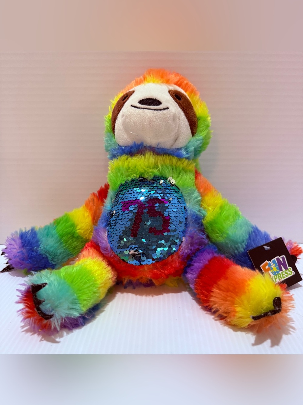 Fun Express Rainbow Sloth Plush Stuffed Animal w/ Sequin Belly Multicolor